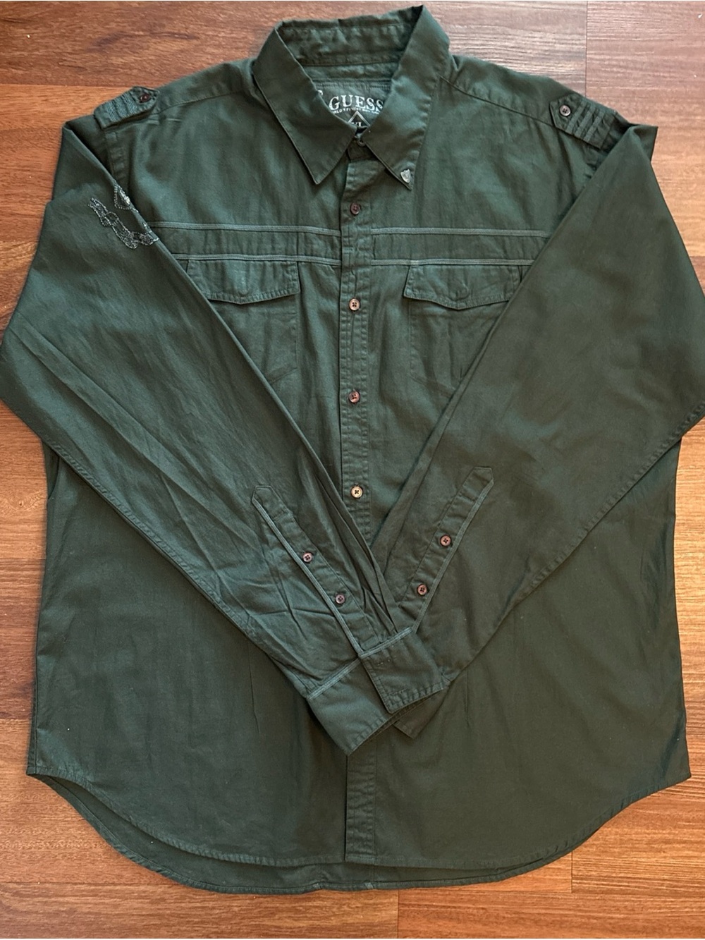 Guess Men’s XL Olive Green Military Utility Button Up Shirt